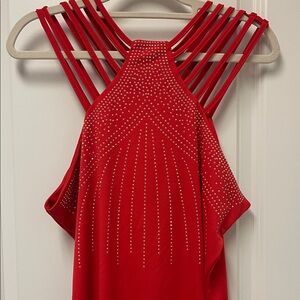 Red Strappy Halter Dress with Rhinestones